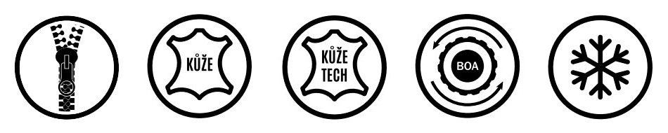 Piktogramy komfortních vlastností pracovních bot (zleva: Doplňkové zapínání, Svršek z pravé kůže, Svršek z pravé kůže Tech, Utahování systémem BOA, Zateplená obuv)