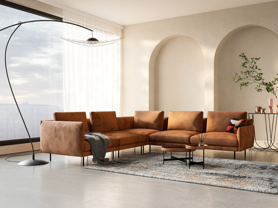 Interiér v duchu moderního minimalismu, kde dominuje sedací souprava. Čisté linie, neutrální paleta barev a výrazný solitér místo zbytečných dekorací. Příkladem, jak může jeden výrazný kus nábytku změnit celý prostor