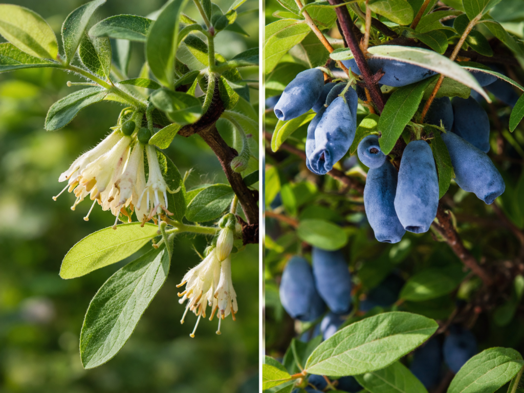 Květy a plody zimolezu kamčatského (zdroj: Envato)
