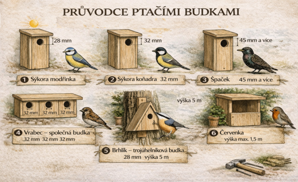 Ptačí budky podle druhu zdroj: ChatGPT + úprava Kristýna Lišková)