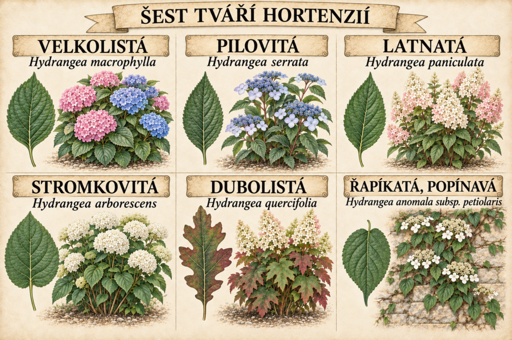 Ilustrovaný přehled hortenzie velkolisté, pilovité, latnaté, stromkovité, dubolisté a řapíkaté s českými i latinskými názvy a detaily listů (zdroj: ChatGPT)